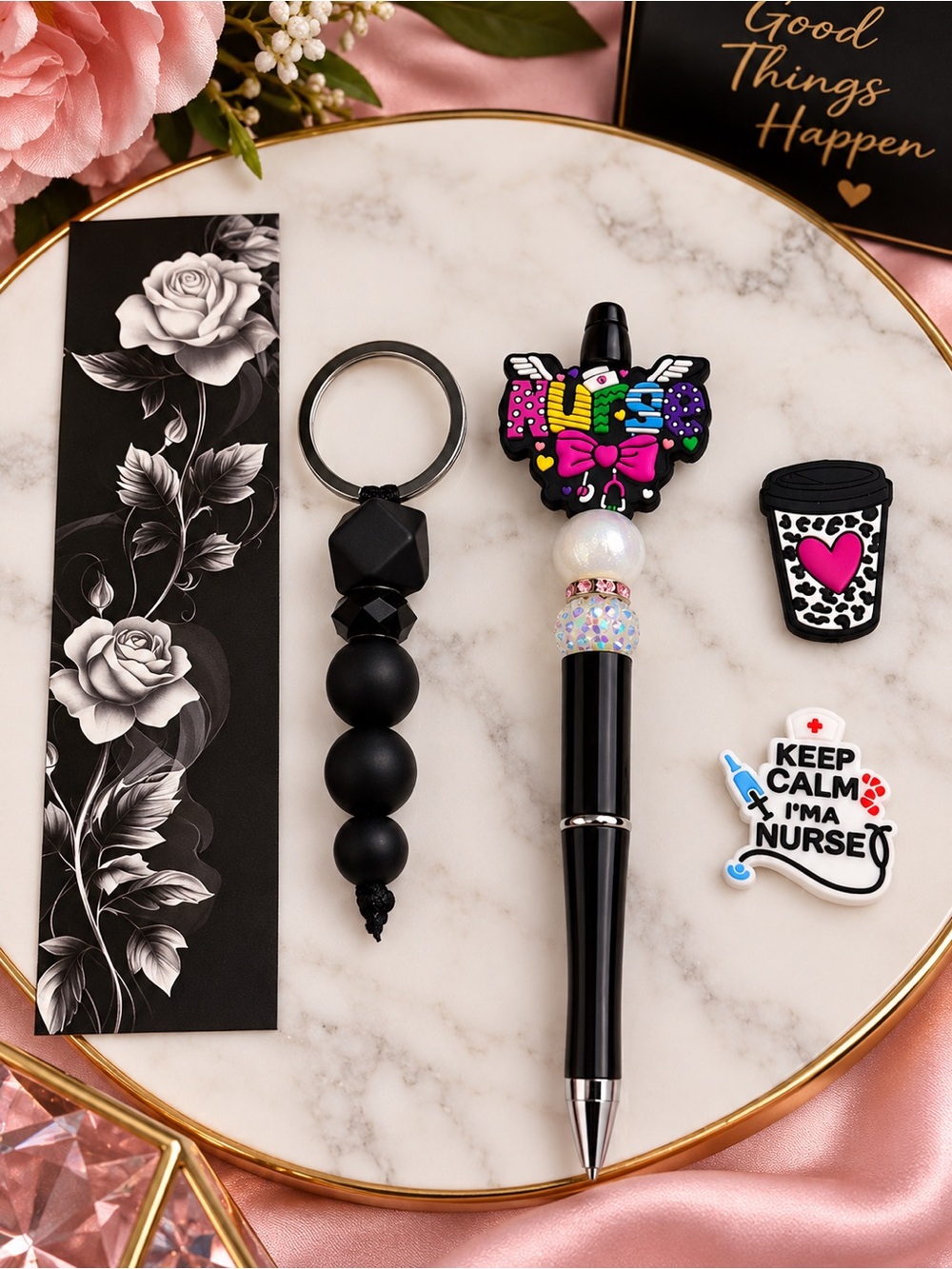Black Nurse-Themed Beaded Pen & Keyring Set - Black